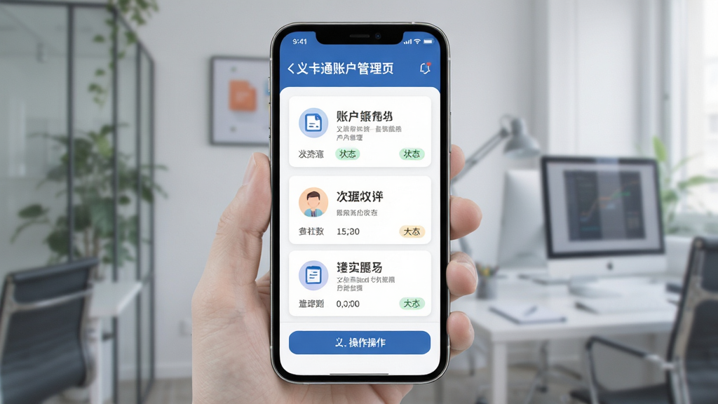 义卡通账户管理页面展示,画面中有卡片列表与操作按钮,主体为手机界面,布局上下结构,排版简洁,风格商务清新,细节包含卡片图标与状态标签,画质高清干净无多余元素