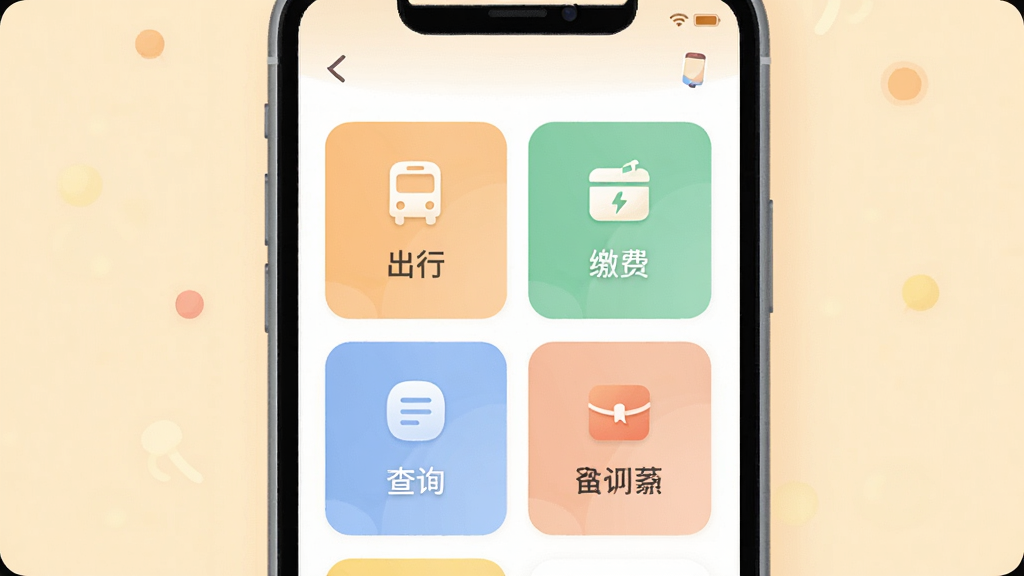 义卡通应用界面截图风格插画,画面主体为手机屏幕,屏幕内展示功能卡片布局,包括出行、缴费、查询等模块,布局清晰,排版整齐,风格扁平化,细节有柔和配色与图标点缀,画质高清干净无多余元素