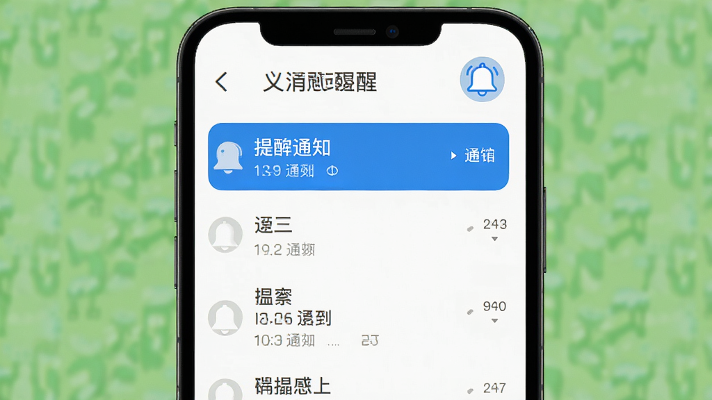 义卡通消息提醒界面,手机屏幕显示通知列表与铃铛图标,主体突出提醒功能,布局纵向排列,排版清爽,风格简约,细节有蓝色高亮标识,画质高清干净无多余元素