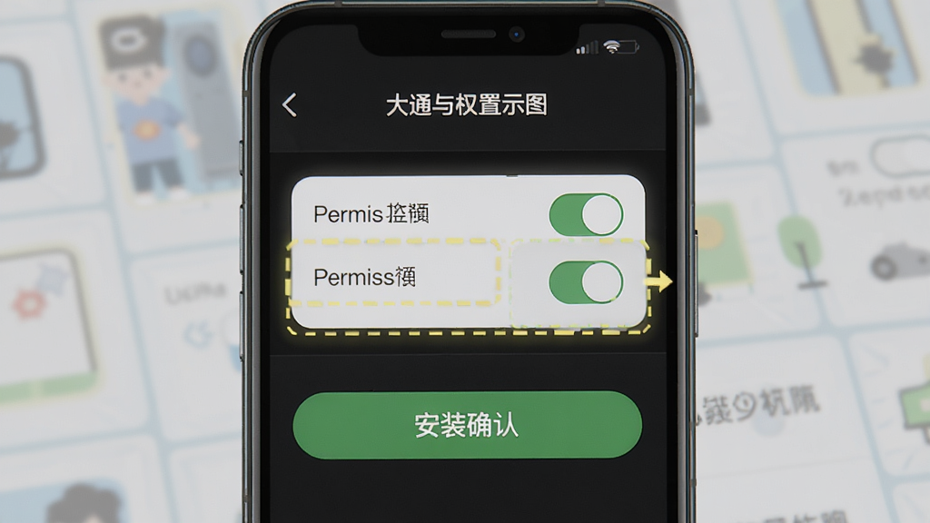 义卡通安装与权限设置示意图,画面展示手机屏幕上的权限开关与安装确认按钮,主体为操作界面,布局上下分区,排版清晰,风格写实,细节有高亮提示框,画质高清干净无多余元素