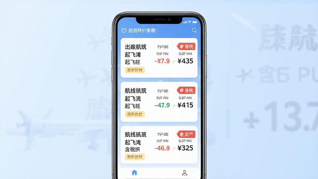 一张表现航班特价实时查多航线比价功能的示意图,主体是手机屏幕中并排显示三条航线的价格对比卡片,布局为纵向排列,排版整齐,风格为清爽商务风,细节包括每条航线显示出发到达城市、起飞时间、含税价格和折扣标签,背景为淡蓝色渐变,画质高清,干净,无多余元素