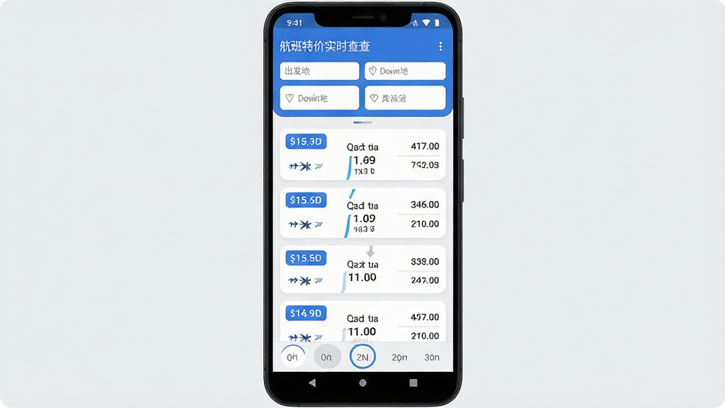 一张展示航班特价实时查软件界面的手机样机图,主体是一部竖屏安卓手机,屏幕中显示航班特价实时查的机票列表页面,上方有出发地与目的地输入框,中间是价格从低到高排列的航班卡片,底部有日期切换栏,布局简洁清晰,排版为居中展示,风格为现代扁平化科技风,细节包括蓝色价格标签、白色卡片圆角、浅灰色背景,画质高清,干净,无多余元素