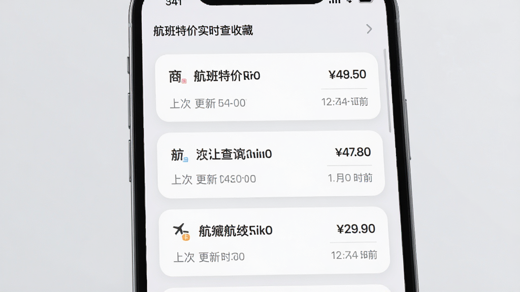 一张展示航班特价实时查收藏与离线功能的图片,主体是手机屏幕中的收藏航线列表,布局为纵向卡片排列,排版简洁,风格为柔和圆角风,细节包括每条收藏显示航线名称、上次查询价格、更新时间,背景为浅灰色,画质高清,干净,无多余元素