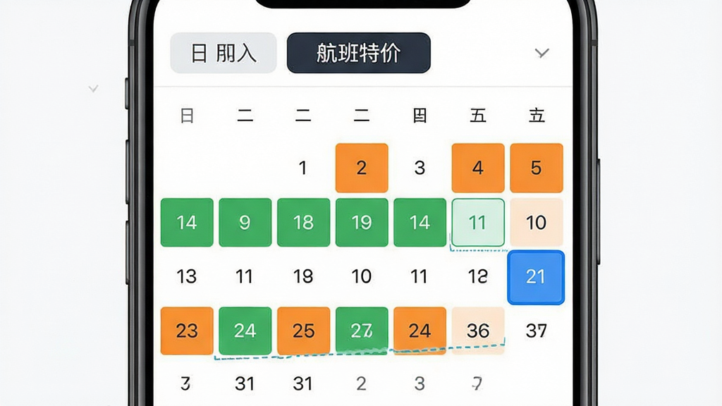 一张展示航班特价实时查日期筛选功能的图片,主体是手机屏幕中的日历价格视图,布局为上方月份切换、下方日期格子,排版紧凑,风格为简约实用风,细节包括低价日期用绿色标注、高价日期用橙色标注、当前选中日期有蓝色边框,画质高清,干净,无多余元素
