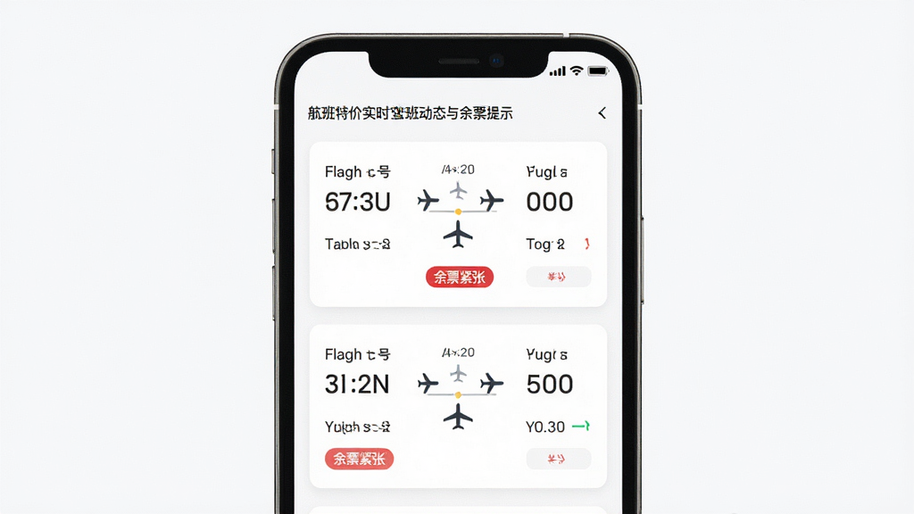 一张表现航班特价实时查航班动态与余票提示的图片,主体是手机屏幕中的航班详情卡片,布局为上下结构,排版清晰,风格为现代信息卡片风,细节包括航班号、起飞降落时间、机型图标、余票紧张红色标签,背景为白色,画质高清,干净,无多余元素
