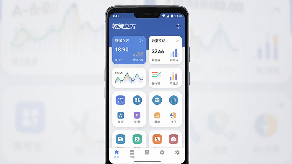 一张手机应用界面展示图,画面中央是一部竖向摆放的安卓手机,屏幕内呈现「乾策立方」主界面,包含数据卡片、功能入口图标和底部导航栏,背景为浅灰色渐变,整体风格简洁商务,细节上突出卡片圆角与清晰层级,画质干净,无多余元素