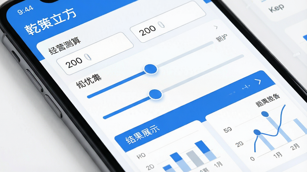 一张手机屏幕特写图,画面中「乾策立方」应用内展示经营测算表单,包含数字输入框、滑块调节条和结果展示区域,界面配色为蓝白商务风,布局清晰,风格现代,细节上体现数据可视化小图表,画质干净,无多余元素