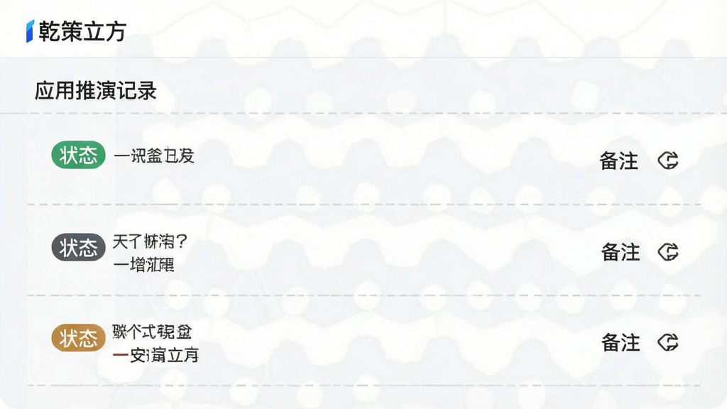 一张应用功能展示图,画面中「乾策立方」界面呈现方案推演记录列表,每条记录带有状态标签和备注图标,背景为浅色,风格清爽,细节上突出列表项之间的间距与分隔线,画质干净,无多余元素