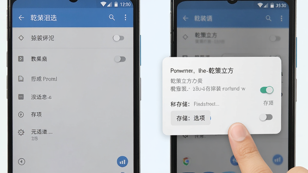 一张手机操作指引图,画面中展示安卓手机设置界面与「乾策立方」安装提示弹窗,包含权限开关和存储选项,背景为浅色,风格简洁,细节上突出手指点击动作,画质干净,无多余元素