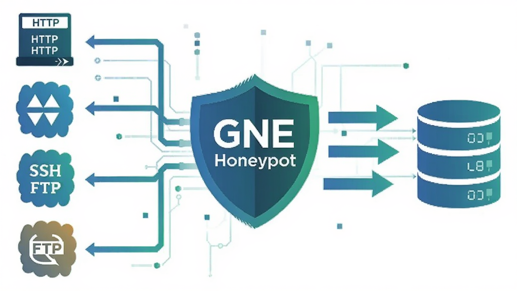一张展示 GNE Honeypot 多协议仿真功能的示意图,画面左侧排列着 HTTP、SSH、FTP 等协议图标,中间是 GNE Honeypot 的盾牌标志,右侧是数据流向箭头指向日志数据库,整体采用扁平化科技风格,配色以蓝绿渐变为主,布局清晰,细节锐利,画质干净无多余元素