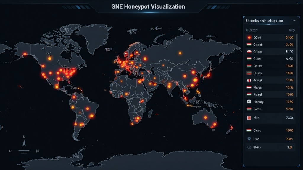 一张展示 GNE Honeypot 可视化攻击地图的图片,画面中央是世界地图轮廓,地图上散布着多个红色和橙色的光点代表攻击源,右侧有统计面板显示攻击次数最多的国家排名,整体风格为深色科技风,布局大气,细节丰富,画质干净无多余元素