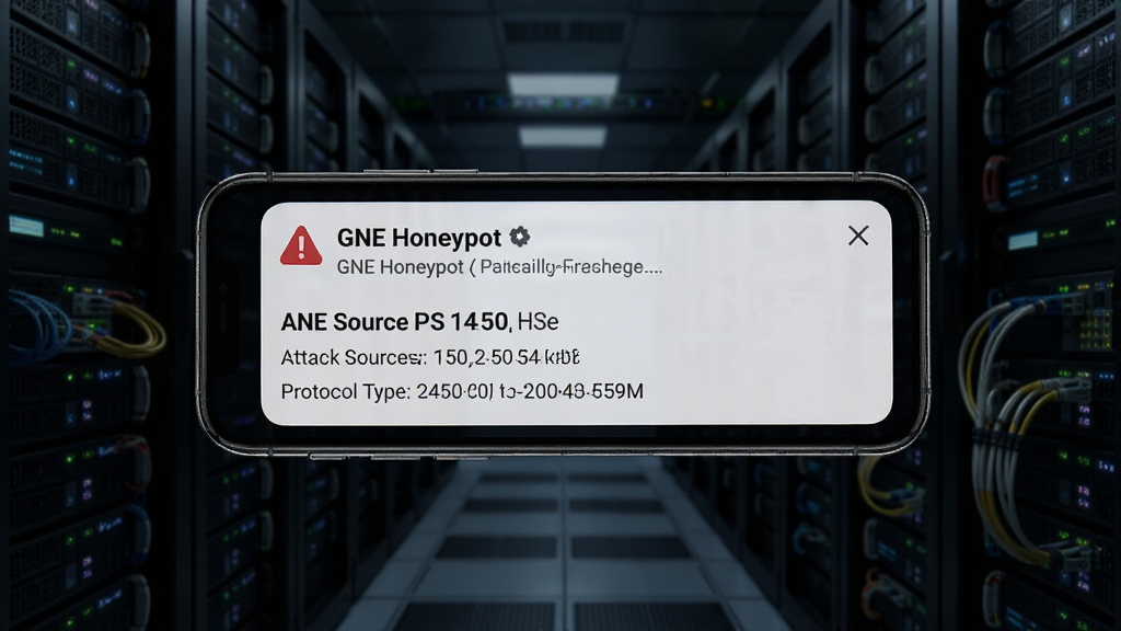 一张展示 GNE Honeypot 实时告警推送界面的图片,画面中手机屏幕显示一条来自 GNE Honeypot 的告警通知,内容包含攻击源IP和协议类型,背景是暗色系的服务器机房环境,整体风格写实且带有科技感,细节清晰,画质干净无多余元素