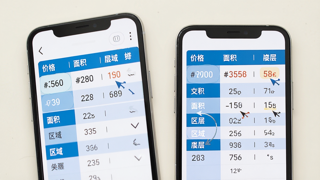 一张展示数据对比功能的图片,画面中手机屏幕显示两个房源的数据对比表格,包含价格、面积、区域、楼层等字段,表格配色为蓝白相间,背景为浅色,风格简洁专业,细节包含数字高亮和对比箭头,画质清晰,干净,无多余元素