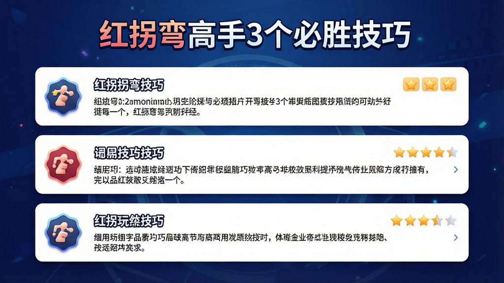 随便玩红拐弯技巧攻略页面,画面展示“红拐弯高手3个必胜技巧”标题,下方为三条技巧条目,每条包含小标题和说明文字,背景为深蓝色渐变,排版为卡片式布局,风格为现代手游攻略界面,细节包含星星评分、标签徽章、图标装饰,画质清晰,干净无多余元素