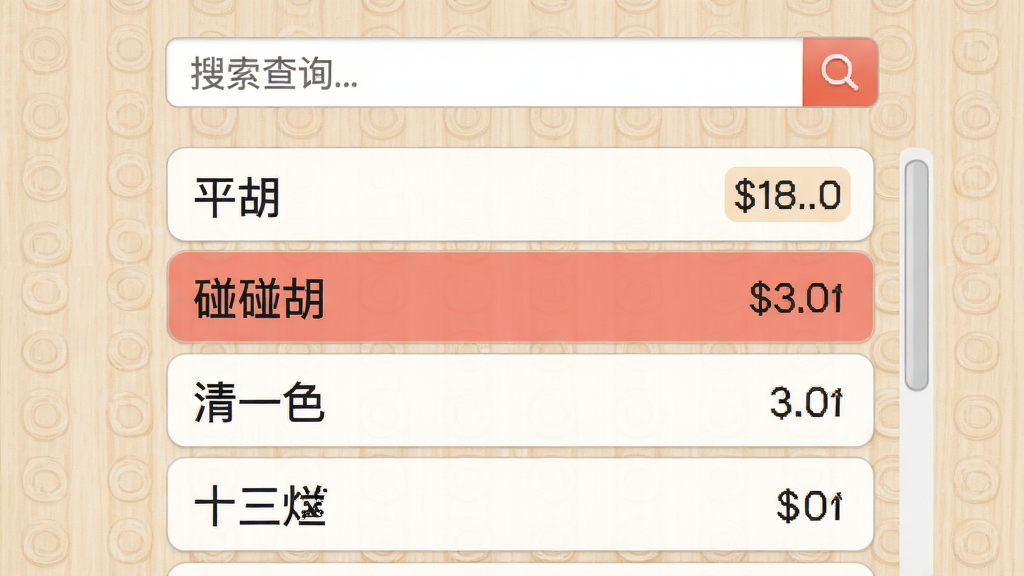 随便玩红拐弯番数查询界面,画面中心为搜索框和番型列表,列表项包含“平胡”“碰碰胡”“清一色”“十三烂”等番型名称,每个条目右侧显示对应番数值,背景为浅色木纹质感,布局为纵向列表,风格简洁实用,细节包含数字标签、高亮选中状态、滚动条,画质清晰,干净无多余元素