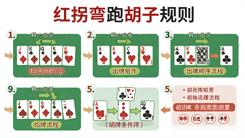 随便玩红拐弯规则说明页面,画面展示“红拐弯跑胡子规则”标题,下方为分步骤图文讲解,包含牌型示意图、出牌顺序流程图、胡牌条件标注,排版为上下结构,风格为教育类信息图,细节包含箭头指引、高亮重点文字、图标注释,画质高清,干净无多余元素