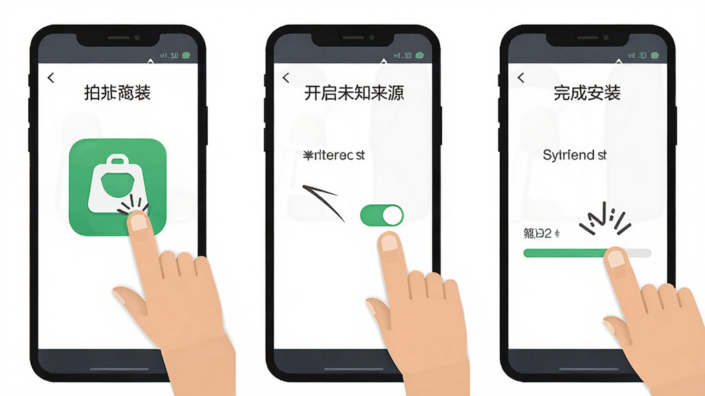 随便玩红拐弯新手安装教程示意图,画面为手机屏幕分步展示安装流程,第一步点击安装包、第二步开启未知来源权限、第三步完成安装,排版为三格横向排列,风格为扁平化教程插图,细节包含手指点击图标、权限开关、进度条,画质清晰,干净无多余元素