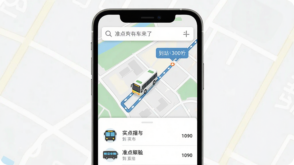 一张展示准点公交车来了实时公交位置追踪功能的界面图,主体是手机屏幕上的地图视图,地图上有移动的公交车图标和线路轨迹,布局采用上下结构,上方是搜索栏,下方是车辆列表,风格为扁平化设计,细节包括车辆图标旁的到站时间气泡,画质高清,干净无多余元素