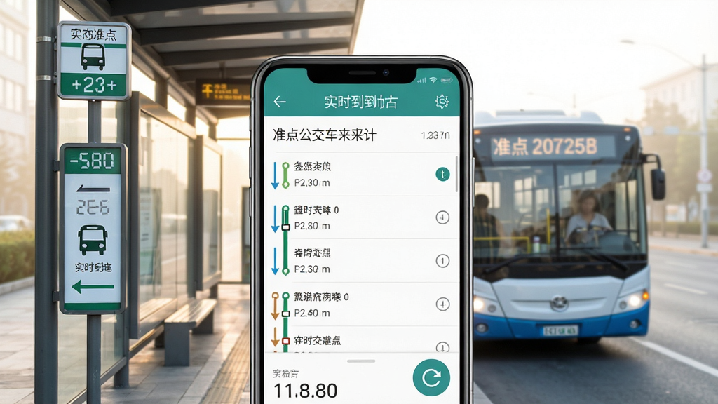 一张展示准点公交车来了软件主界面的手机应用截图,画面中央是手机屏幕,屏幕上显示公交线路列表和实时到站倒计时,背景是清晨的城市公交站台,有公交车缓缓驶入,整体风格清新明亮,细节包括站牌上的线路数字和手机界面上的刷新按钮,画质清晰,干净无多余元素