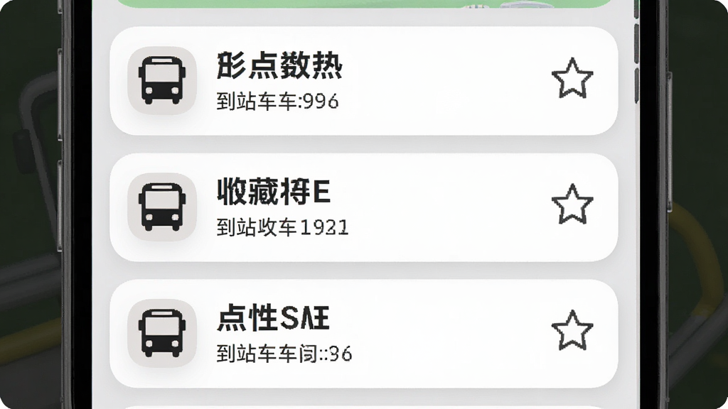 一张展示准点公交车来了多线路收藏功能的界面图,主体是手机屏幕,屏幕上显示多个线路卡片,每个卡片上有线路名称和到站时间,布局为垂直列表,风格为柔和圆角卡片设计,细节包括卡片左侧的公交图标和右侧的收藏星标,画质清晰,干净无多余元素