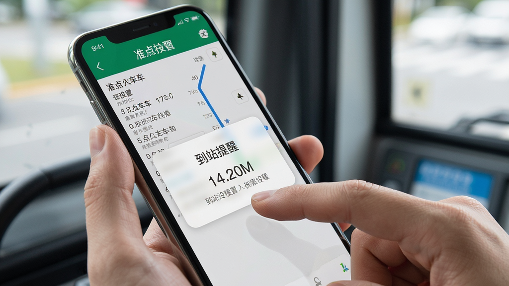 一张展示准点公交车来了使用技巧的示意图,主体是手机屏幕和一只手正在操作,屏幕上显示线路详情页和到站提醒设置弹窗,布局采用手持手机的特写视角,风格为写实生活化,细节包括手指点击屏幕的动作和界面上的时间数字,画质清晰,干净无多余元素