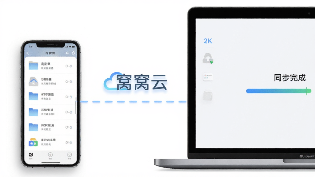 一部手机与一台笔记本电脑并排摆放,两者之间用淡蓝色虚线连接,虚线上方漂浮着“窝窝云”文字标识,手机屏幕显示文件列表,电脑屏幕显示同步完成的进度条,布局为左右平衡构图,风格为简约商务风,细节上设备边缘带有柔和阴影,画质为高清2K,干净无多余元素