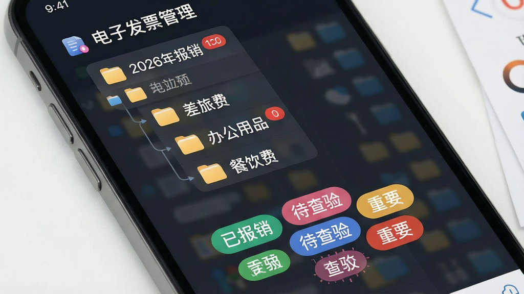 一张展示“电子发票管理”分类管理界面的图片,画面中手机屏幕呈现树状文件夹结构,主文件夹标注“2026年报销”,子文件夹包括“差旅费”“办公用品”“餐饮费”等,每个文件夹旁有数量角标,屏幕下方有彩色标签云,标签包括“已报销”“待查验”“重要”等,整体配色柔和,布局清晰,风格简约商务,画质干净无杂乱