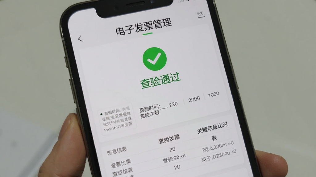 图片展示一部手机屏幕,屏幕中显示“电子发票管理”的发票查验结果页面,页面上方有绿色对勾图标与“查验通过”字样,下方列出查验时间、查验次数与发票关键信息比对表,背景为浅灰色,界面元素排列整齐,风格正式可信,画质清晰,无多余装饰