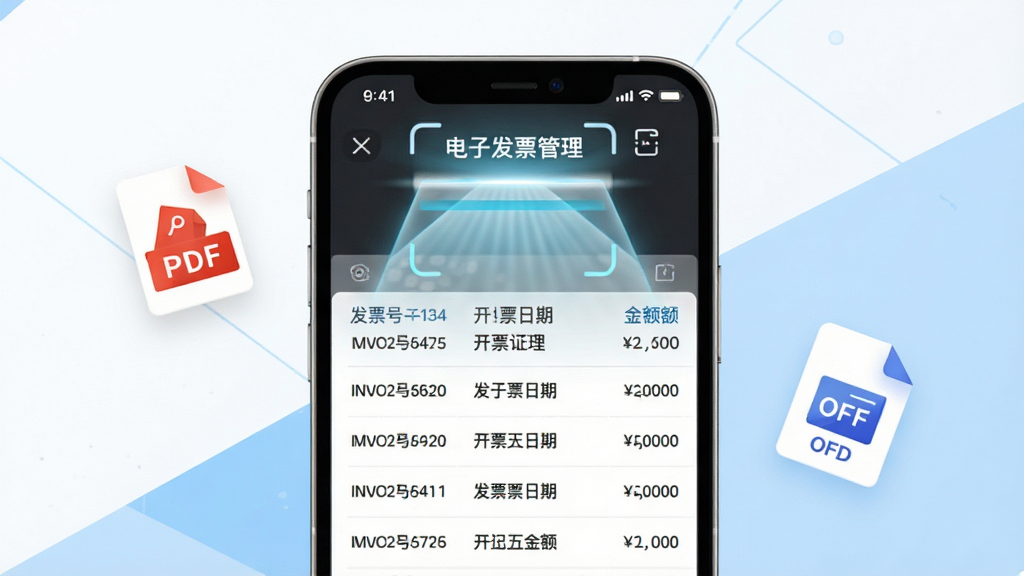 画面中央是一部智能手机,手机屏幕显示“电子发票管理”的发票识别结果页面,表格中清晰列出多行发票数据,包括发票号码、开票日期与金额,屏幕上方有扫描光束效果示意OCR识别过程,周围漂浮着PDF与OFD文件图标,背景为白色与淡蓝色几何色块,风格科技感与商务感结合,画质精细,构图干净