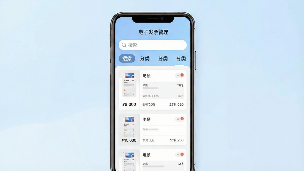 一张展示手机屏幕的简洁界面图,屏幕中央显示“电子发票管理”应用主页面,页面上方有搜索框与分类标签,下方以卡片列表形式展示多张电子发票缩略图,每张卡片标注金额与日期,背景为浅蓝色渐变,整体风格干净清爽,UI设计现代扁平化,画质清晰,无多余元素
