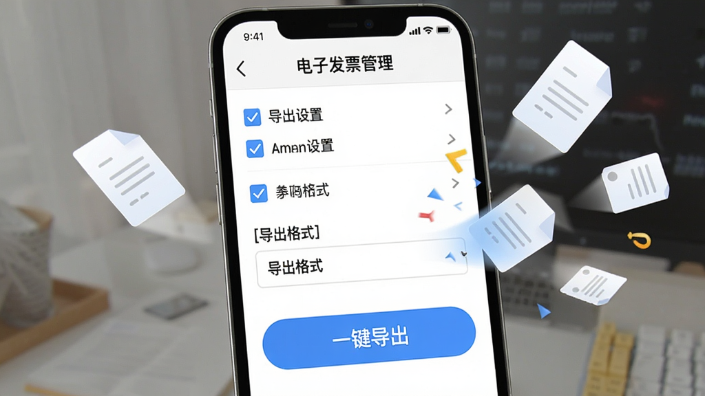 手机屏幕显示“电子发票管理”的导出设置界面,屏幕中有勾选框列表与导出格式选项,下方有醒目的“一键导出”按钮,按钮为蓝色圆角矩形,屏幕周围有文件飞出动画效果示意导出过程,背景为白色,风格轻快简洁,画质清晰,元素不拥挤