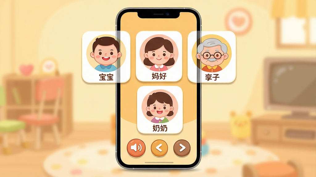 宝宝学称呼识人物软件主界面展示,画面中央放置一部智能手机,手机屏幕上显示卡通风格的家庭成员头像卡片,包括爸爸、妈妈、爷爷、奶奶等角色,每个头像下方配有中文称呼文字,屏幕底部有语音播放按钮和翻页箭头。整体布局简洁清晰,采用柔和明亮的暖色调,扁平化卡通插画风格,细节包括圆润的图标、可爱的表情、柔和的阴影,画质高清,干净无多余元素,适合儿童早教场景。