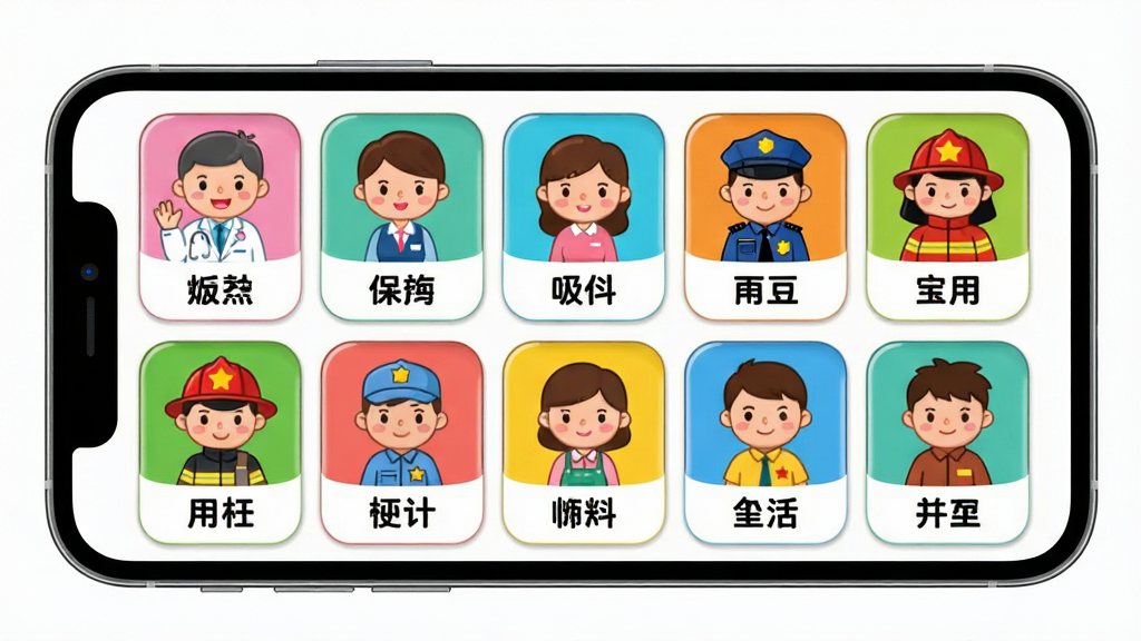 宝宝学称呼识人物高清人物卡片展示,画面中一部手机横向放置,屏幕内呈现网格状排列的卡通人物卡片,包括医生、老师、警察、消防员等职业形象,每张卡片下方标注对应称呼文字。布局整齐有序,风格为明亮卡通风,细节包括圆角卡片边框、鲜艳色彩、简洁图标,画质高清,干净无多余元素。
