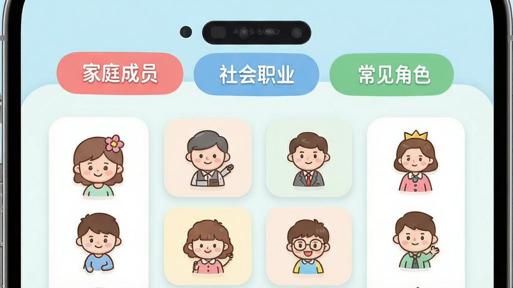 宝宝学称呼识人物分类清晰易学界面展示,画面中一部手机竖屏显示,屏幕上方有分类标签栏,包括“家庭成员”“社会职业”“常见角色”等标签,下方展示对应的人物卡片列表。布局层次分明,风格为清新卡通设计,细节包括彩色标签、圆润图标、柔和底色,画质高清,干净无多余元素。
