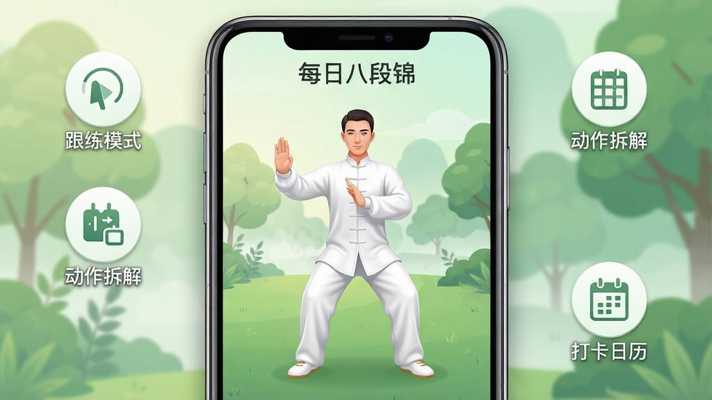 一张展示“每日八段锦”手机应用界面的竖版数字插画,画面中央是一部现代智能手机,屏幕内显示一位身着白色宽松练功服的虚拟教练正在演示八段锦“双手托天理三焦”动作,背景为清晨公园的柔和绿意与淡淡雾气,屏幕周围环绕着几个简洁的功能图标如“跟练模式”“动作拆解”“打卡日历”,整体布局居中对称,排版清晰有层次,风格为清爽扁平化UI插画,细节上强调手机屏幕的高亮显示与柔和阴影,画质高清,画面干净无多余元素。