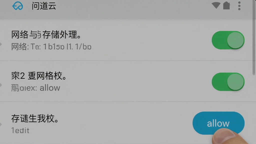 问道云 手机设置界面截图 主体为安卓权限管理页面 布局为列表展示网络与存储权限开关 背景为系统设置灰色调 风格为实用教程截图 细节包括权限开关处于开启状态 手指正在点击允许按钮 画质为高清 干净 无多余元素