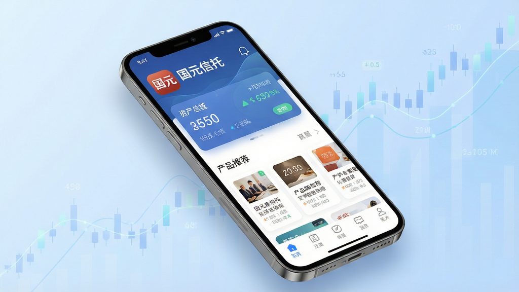 一张展示“国元信托”手机应用界面的预览图,主体为一部现代智能手机,屏幕显示国元信托APP的首页,包含资产总览卡片、产品推荐列表和底部导航栏;布局采用中心构图,手机略微倾斜,背景为淡蓝色渐变,点缀微弱的金融数据线条;排版清晰,突出APP图标和界面文字“国元信托”;风格为现代商务科技感,细节包括柔和阴影、圆角图标和高清屏幕显示;画质为4K超高清,干净无多余元素,无杂乱背景。