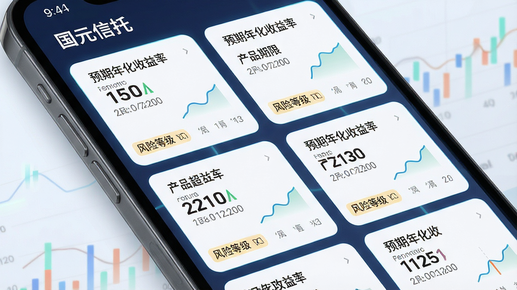一张表现“国元信托”产品超市功能的生图,主体为手机屏幕特写,界面展示多个信托产品卡片,卡片上标注“预期年化收益率”、“产品期限”、“风险等级”等文字;布局采用网格状排列,卡片错落有致;排版强调数据可视化,配有小型趋势图表;风格为简洁金融科技风,细节包括微光效果、清晰的数据标签;画质为超高清,干净利落,无多余装饰元素。