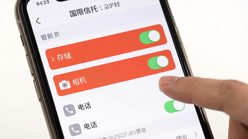 一张展示“国元信托”APP安装与权限设置界面的生图,主体为手机屏幕显示权限管理页面,包含“存储”、“相机”、“电话”等权限开关,旁边有手指点击动作;布局为纵向列表,重点项用红色标注;排版清晰,文字易读;风格为系统设置界面风格,细节包括图标和开关控件;画质为高清,画面干净,无多余元素。