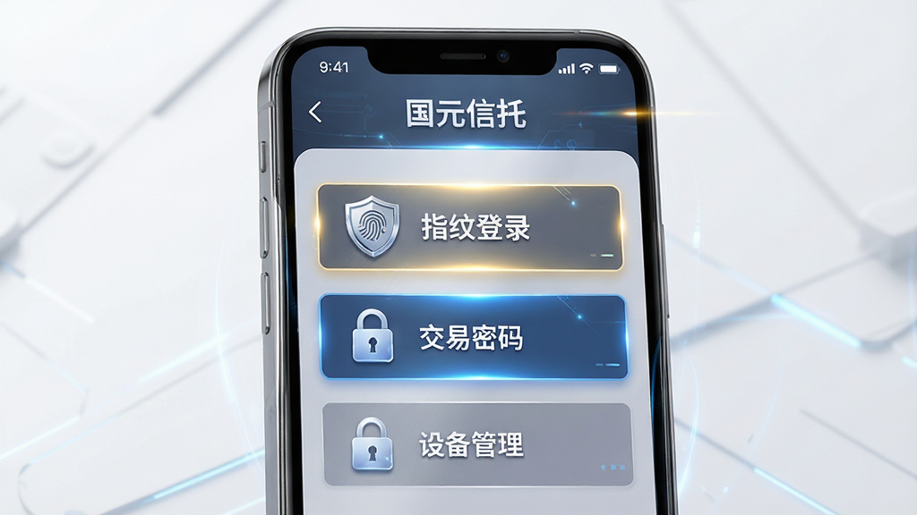 一张展示“国元信托”安全中心功能的生图,主体为手机屏幕显示安全设置页面,包含“指纹登录”、“交易密码”、“设备管理”等选项,配有盾牌图标和锁形图标;布局为纵向列表,重点项高亮;排版简洁明了;风格为安全科技风,细节包括金属质感和光效;画质为超高清,画面干净,无多余元素。