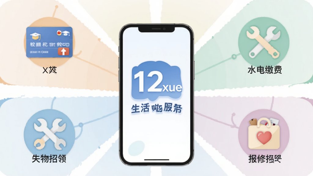一张12xue生活一站式校园服务功能展示图,画面以手机屏幕为中心,四周环绕校园卡、水电缴费、报修工具、失物招领等图标元素,主体突出12xue生活应用名称,布局采用中心辐射式排版,风格扁平化插画风,细节上图标色彩柔和统一,画质清晰干净无多余元素