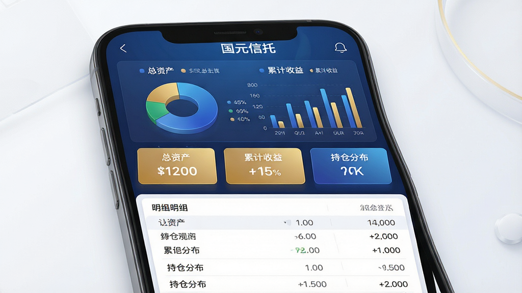 一张展示“国元信托”资产全景视图的AI生图,主体为手机屏幕显示资产总览页面,包含饼状图、柱状图和数字卡片,文字标注“总资产”、“累计收益”、“持仓分布”;布局为上下结构,上方为图表,下方为明细列表;排版清晰,色彩以蓝色和金色为主;风格为高端金融仪表盘风格,细节包括细腻的渐变和阴影;画质为8K超高清,画面干净,无杂乱元素。