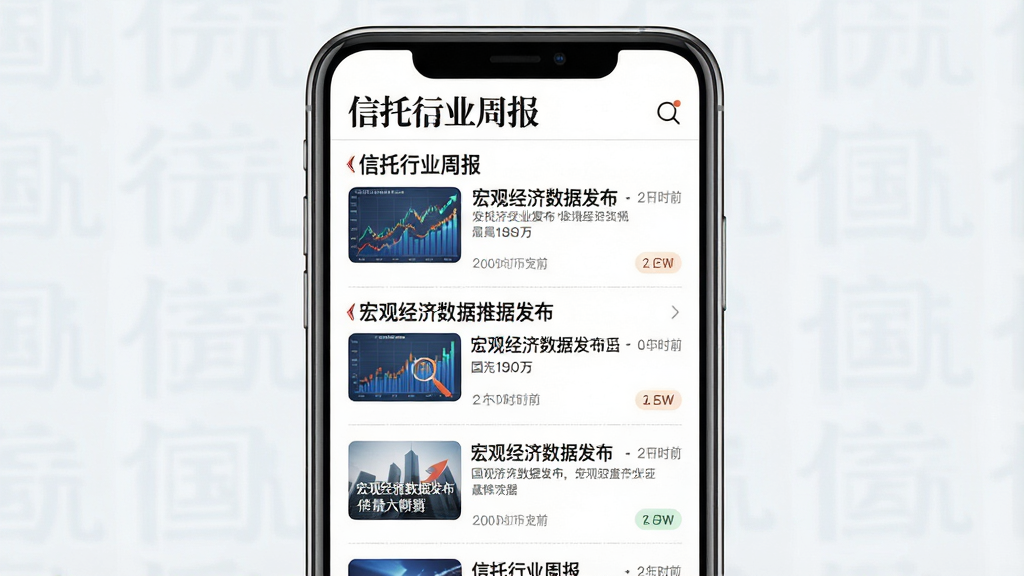 一张表现“国元信托”实时资讯推送功能的生图,主体为手机屏幕显示资讯列表页,标题如“信托行业周报”、“宏观经济数据发布”,配有缩略图和发布时间;布局为垂直列表,条目清晰;排版采用杂志风格,字体易读;风格为清新资讯阅读风,细节包括细微的分割线和标签;画质为高清,画面干净整洁,无多余元素。