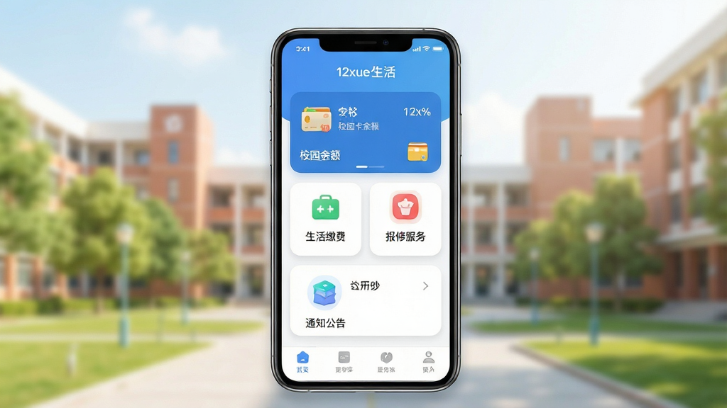 一张展示12xue生活手机应用主界面的预览图,画面中央是一部竖屏智能手机,屏幕内呈现12xue生活APP的首页布局,包含校园卡余额、生活缴费、报修服务、通知公告等卡片式功能入口,背景为明亮的校园场景虚化处理,整体布局居中对称,风格清新简约现代化,细节上突出图标圆角与柔和阴影,画质清晰干净无多余元素