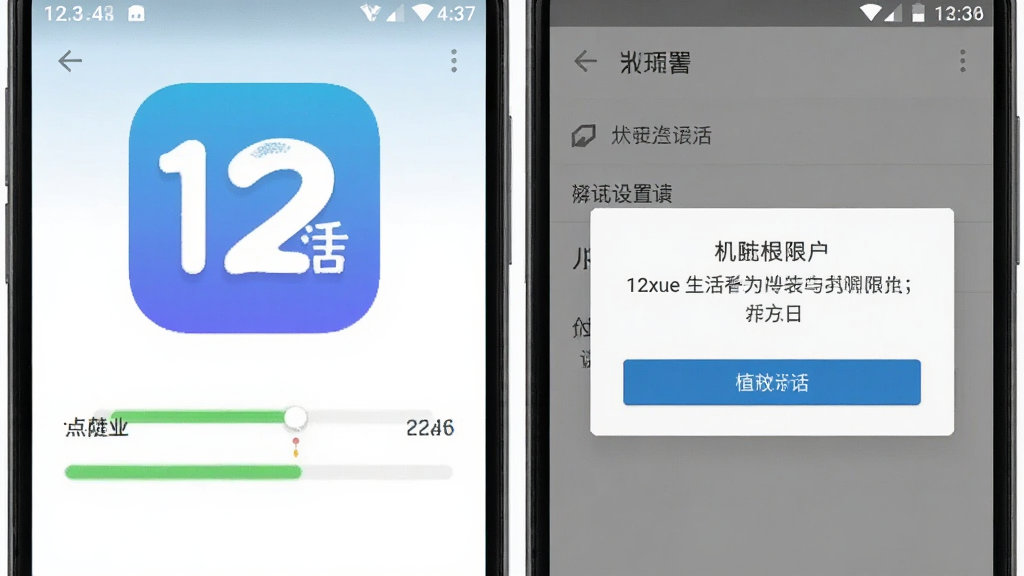 一张12xue生活安卓手机安装与权限设置操作示意图,画面展示手机屏幕上安装进度条和权限授权弹窗,主体为12xue生活应用图标与安卓系统设置界面,布局采用上下分层排版,风格写实UI风格,细节上按钮清晰、提示文字可读,画质干净整洁无多余元素