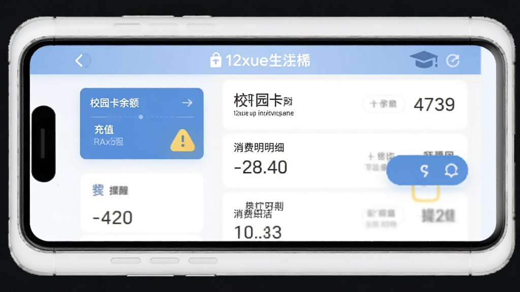 一张12xue生活校园卡管理界面示意图,画面中一部手机显示校园卡余额与消费明细列表,旁边配有充值按钮和提醒图标,主体为12xue生活应用界面,布局采用左右分栏排版,风格科技感扁平设计,细节上数字清晰、图标简洁,画质干净无多余元素