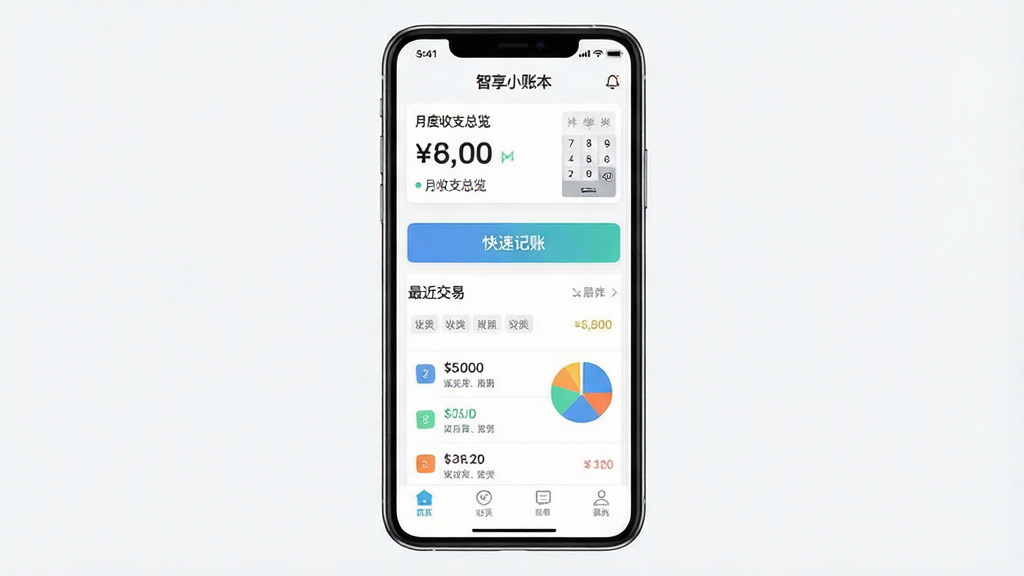 一张干净简洁的手机APP主界面展示图,画面中央是“智享小账本”的记账首页,顶部显示月度收支总览,中部有快速记账按钮和最近交易列表,底部为导航栏,整体布局清爽,风格为扁平化现代设计,细节包含数字键盘图标、分类标签和饼状图元素,画质高清,背景干净,无多余装饰元素
