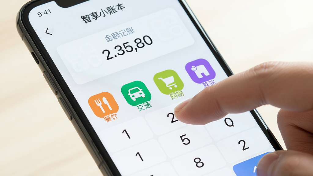 一部智能手机屏幕特写,界面展示“智享小账本”的快速记账页面,手指正在点击屏幕上的数字键盘,页面顶部有金额显示框,下方排列着餐饮、交通、购物等彩色分类图标,背景为浅色系,风格简洁明快,画质清晰,无多余元素