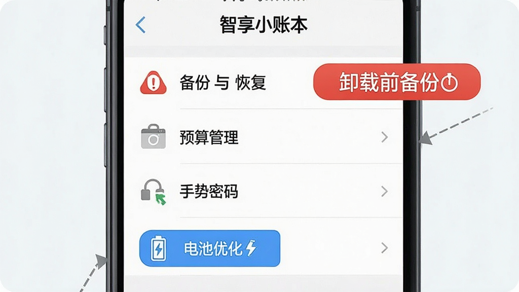 一张信息图风格的手机界面示意图,展示“智享小账本”的设置菜单页面,包含备份与恢复、预算管理、手势密码等选项,画面中有红色警示图标标注“卸载前备份”,蓝色图标标注“电池优化”,整体布局清晰,风格为扁平化教程图解,画质干净,无多余元素