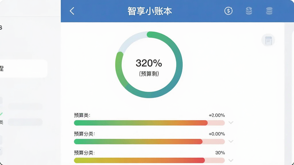 一张信息图表风格的插图,画面中展示“智享小账本”的预算管理界面,包含环形进度条显示预算剩余额度,下方有不同分类的预算进度条,颜色从绿色渐变到红色表示预警,风格为扁平化商务风,布局清晰,画质干净,无杂乱元素